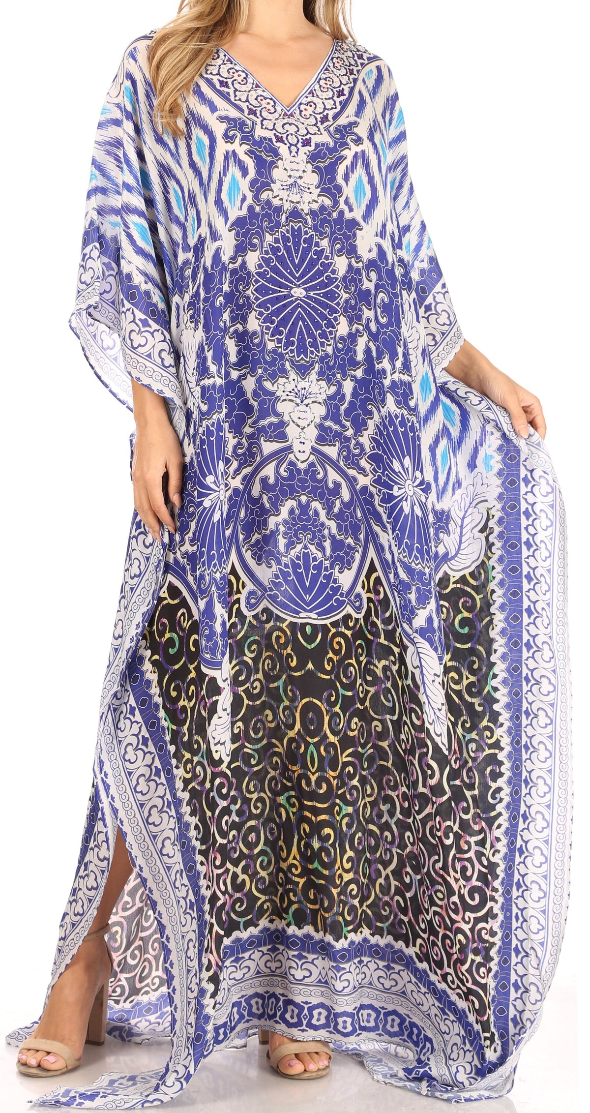 Sakkas Anahi Flowy Design V Neck Long Caftan Dress / Cover Up With Rhinestone