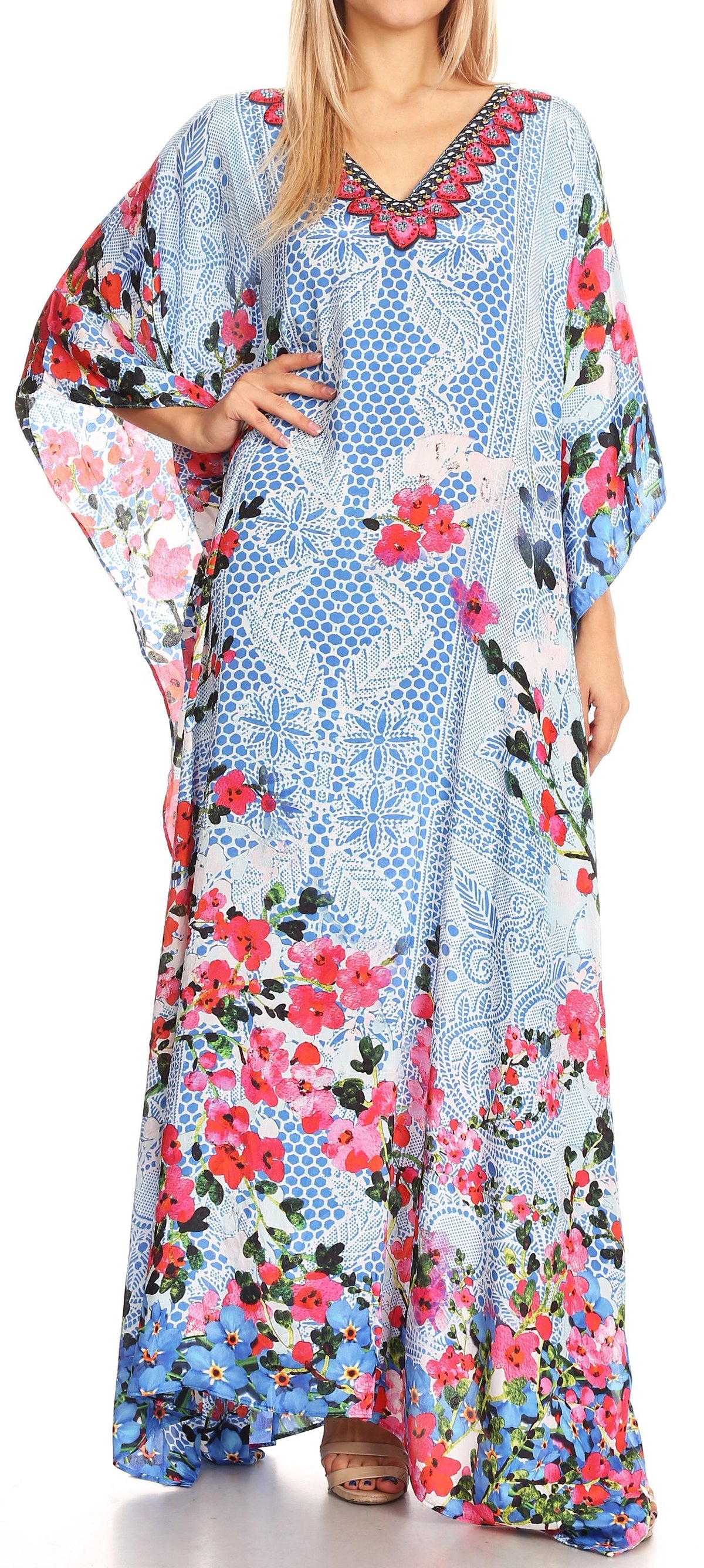 Sakkas Anahi Flowy Design V Neck Long Caftan Dress / Cover Up With Rhinestone