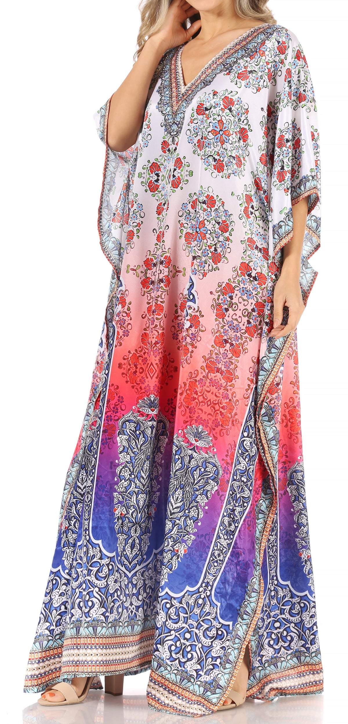 Sakkas Anahi Flowy Design V Neck Long Caftan Dress / Cover Up With Rhinestone
