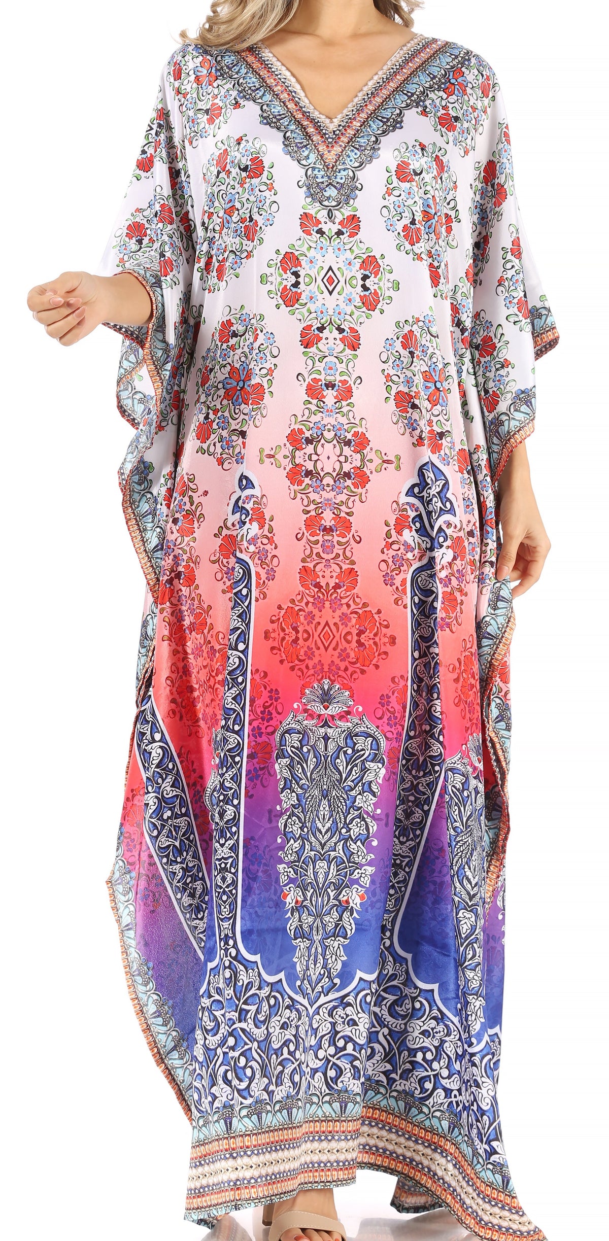 Sakkas Anahi Flowy Design V Neck Long Caftan Dress / Cover Up With Rhinestone