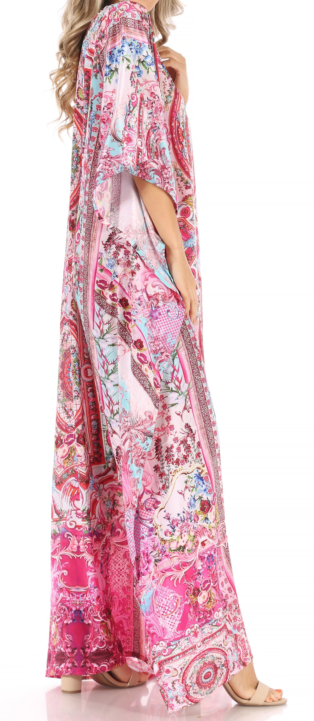 Sakkas Anahi Flowy Design V Neck Long Caftan Dress / Cover Up With Rhinestone