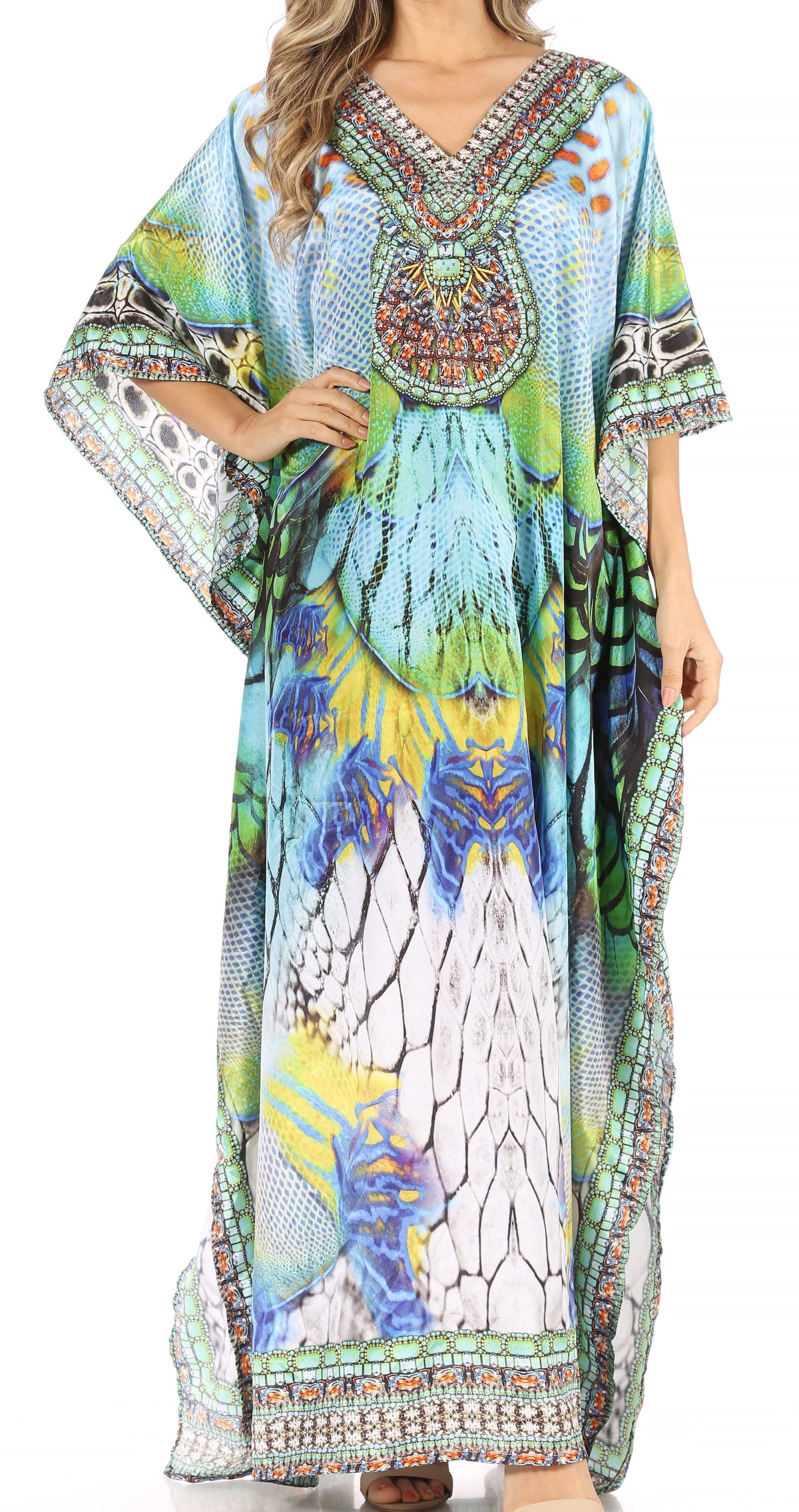 Sakkas Anahi Flowy Design V Neck Long Caftan Dress / Cover Up With Rhinestone