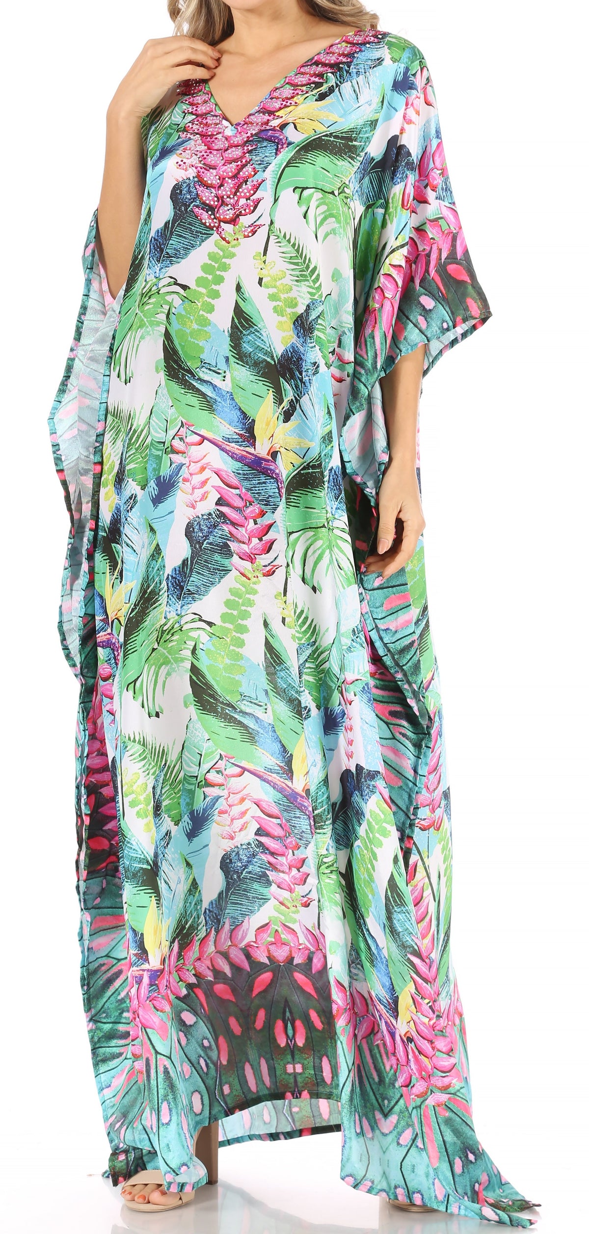 Sakkas Anahi Flowy Design V Neck Long Caftan Dress / Cover Up With Rhinestone
