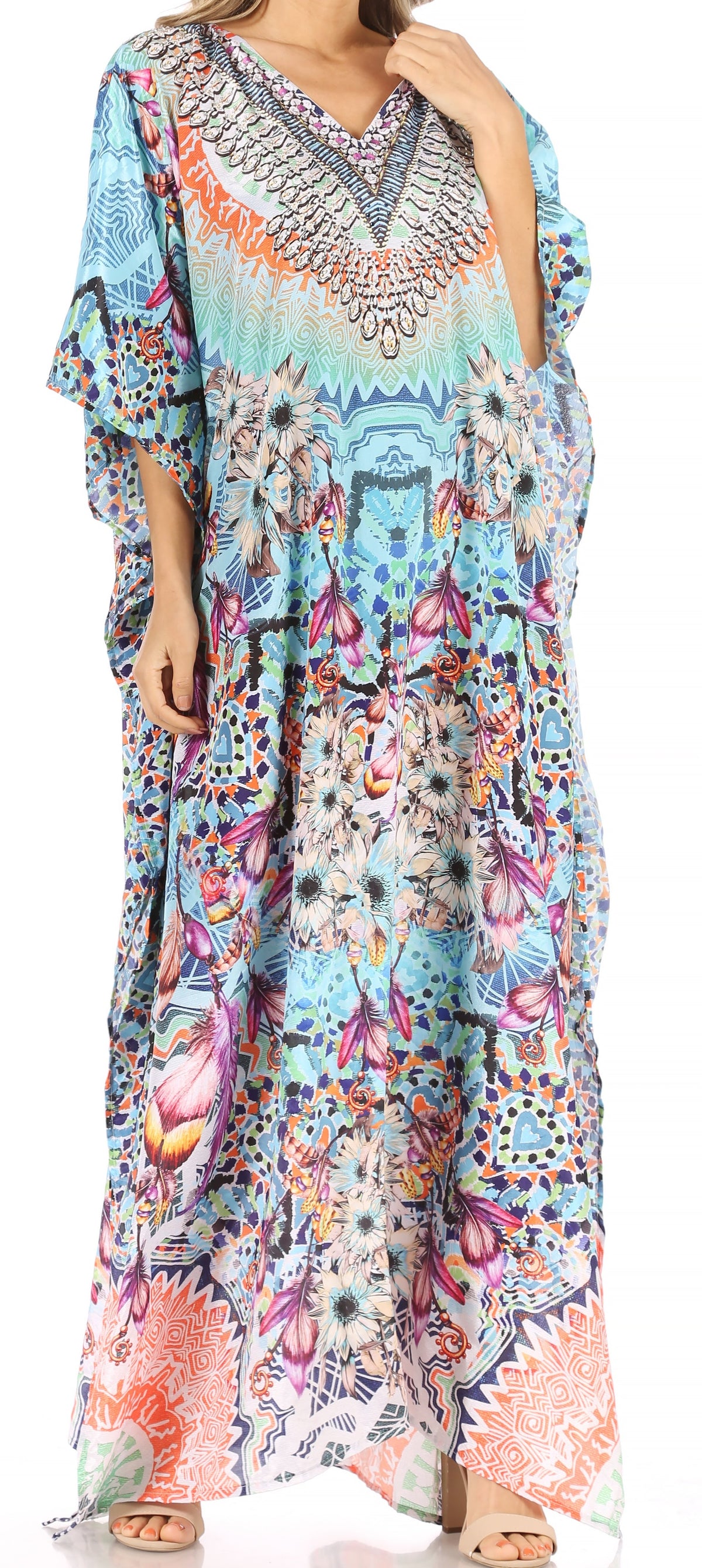 Sakkas Anahi Flowy Design V Neck Long Caftan Dress / Cover Up With Rhinestone