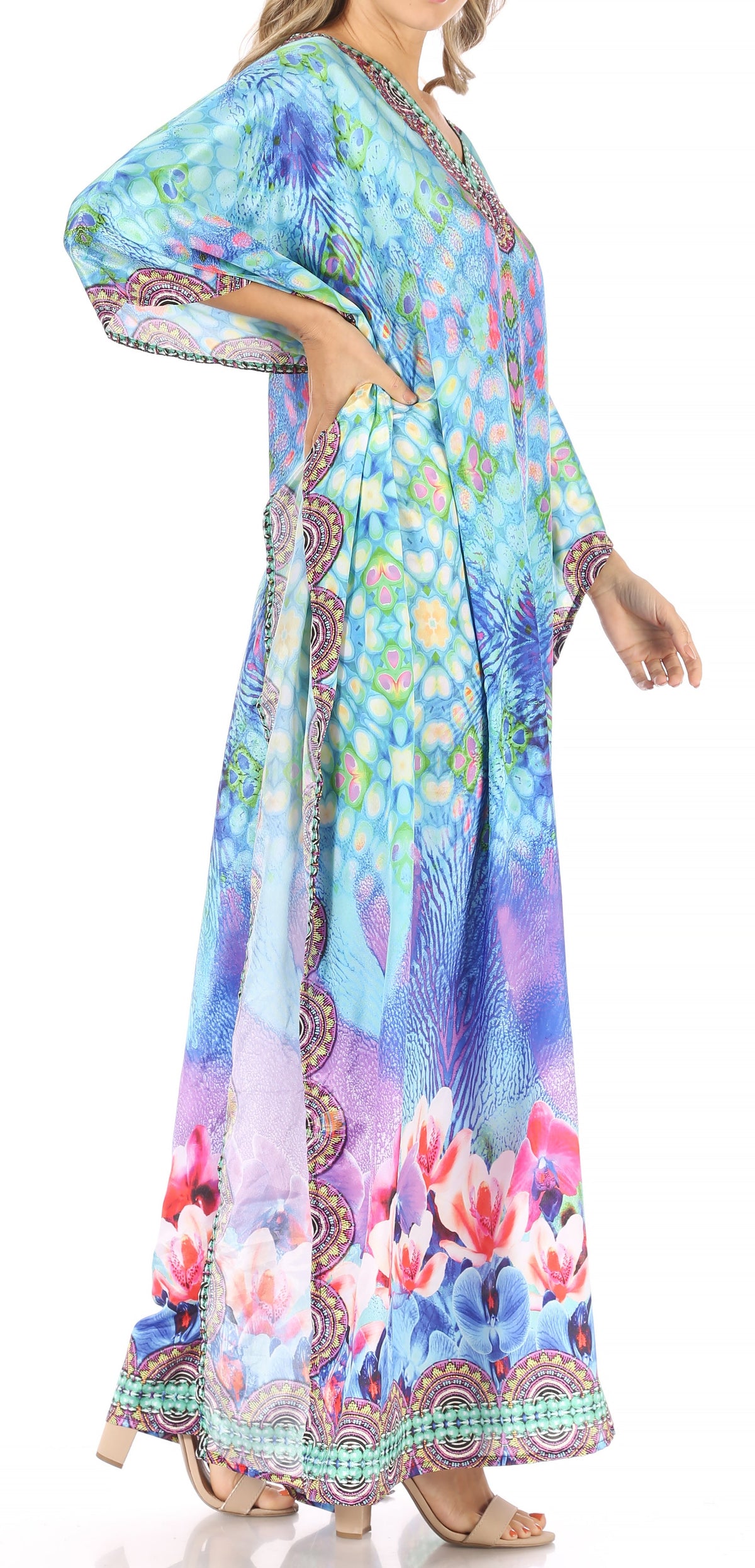 Sakkas Anahi Flowy Design V Neck Long Caftan Dress / Cover Up With Rhinestone
