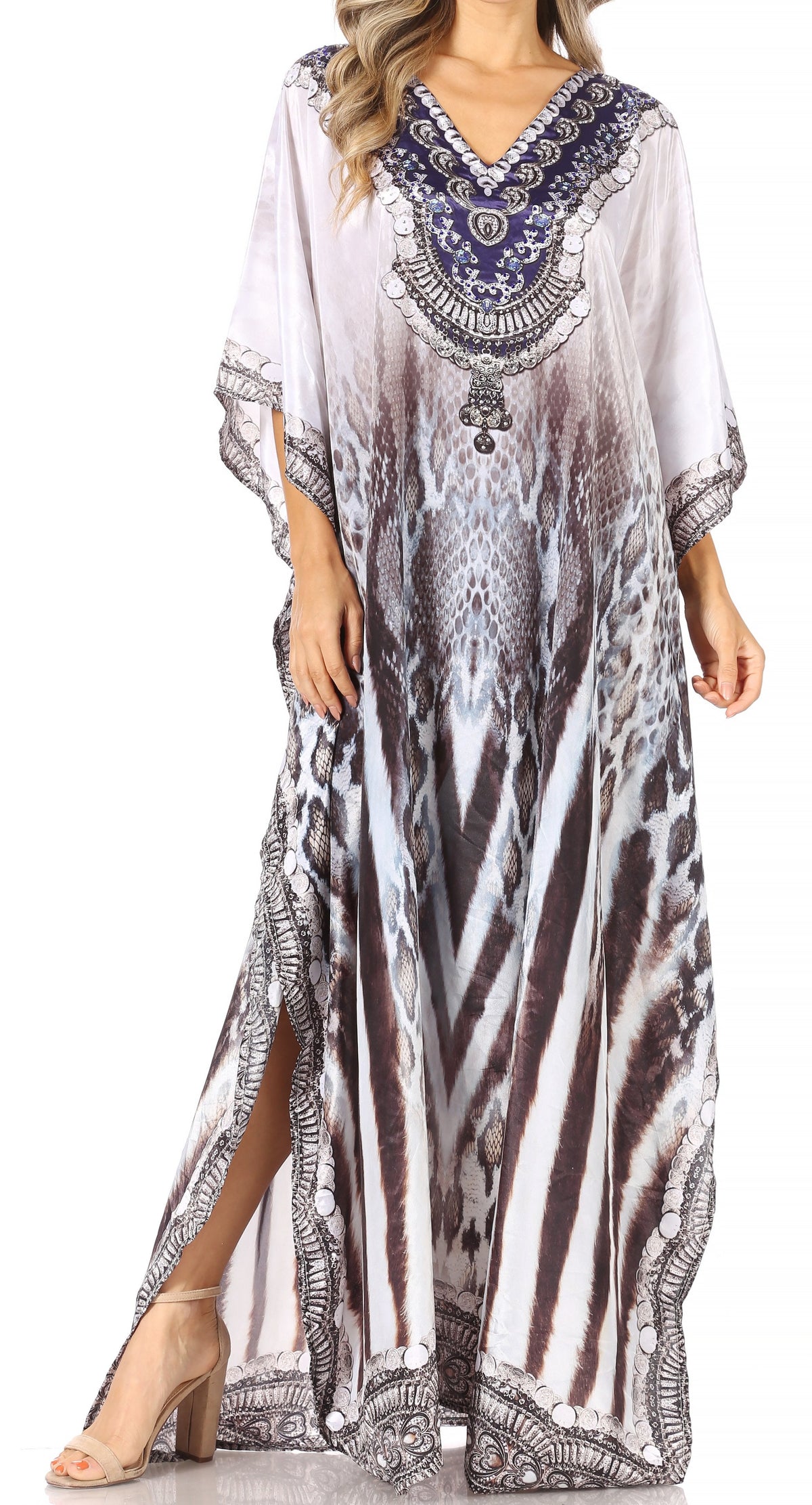 Sakkas Anahi Flowy Design V Neck Long Caftan Dress / Cover Up With Rhinestone