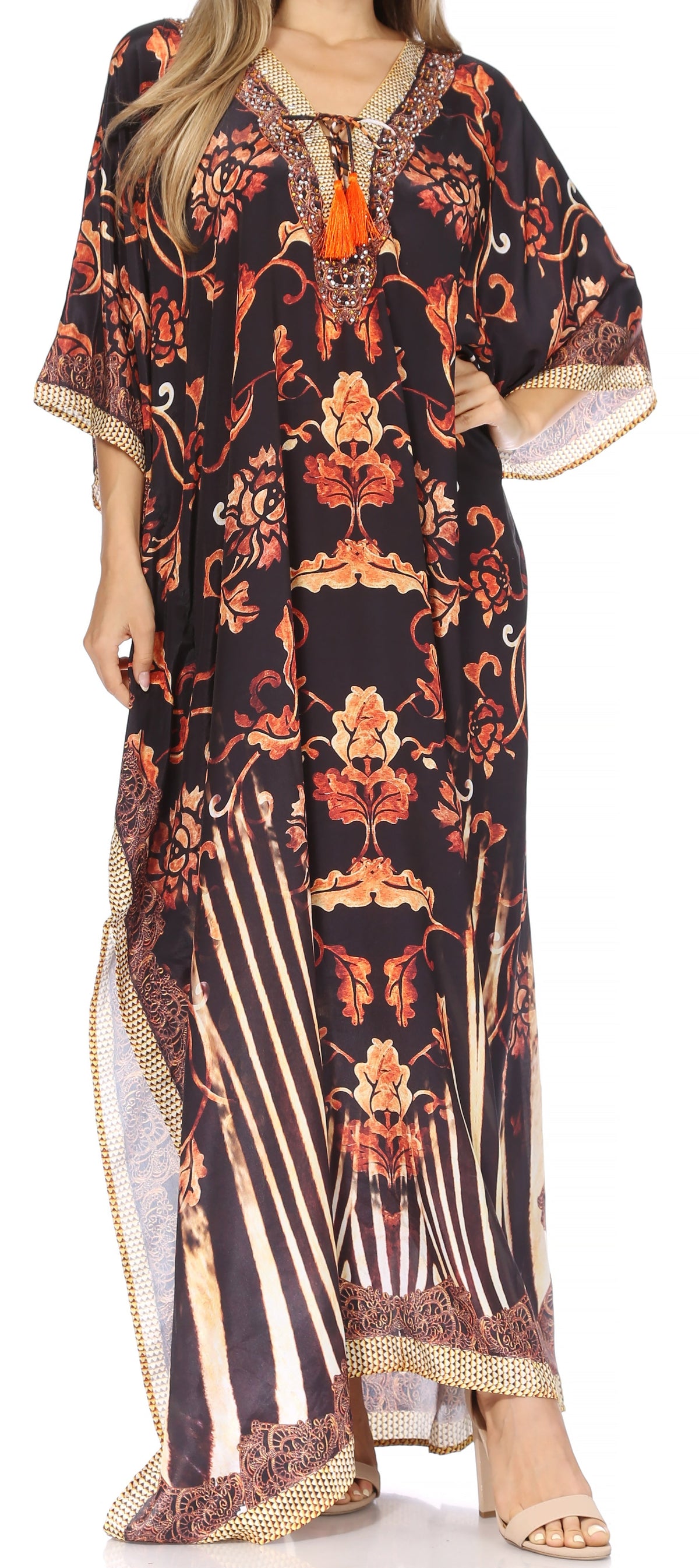 Sakkas Georgettina Flowy Rhinestone V Neck Long Caftan Dress/Cover Up
