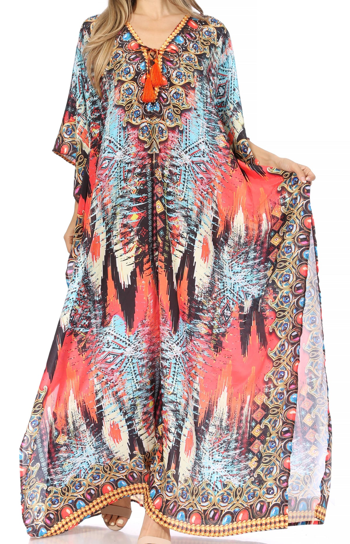 Sakkas Georgettina Flowy Rhinestone V Neck Long Caftan Dress/Cover Up