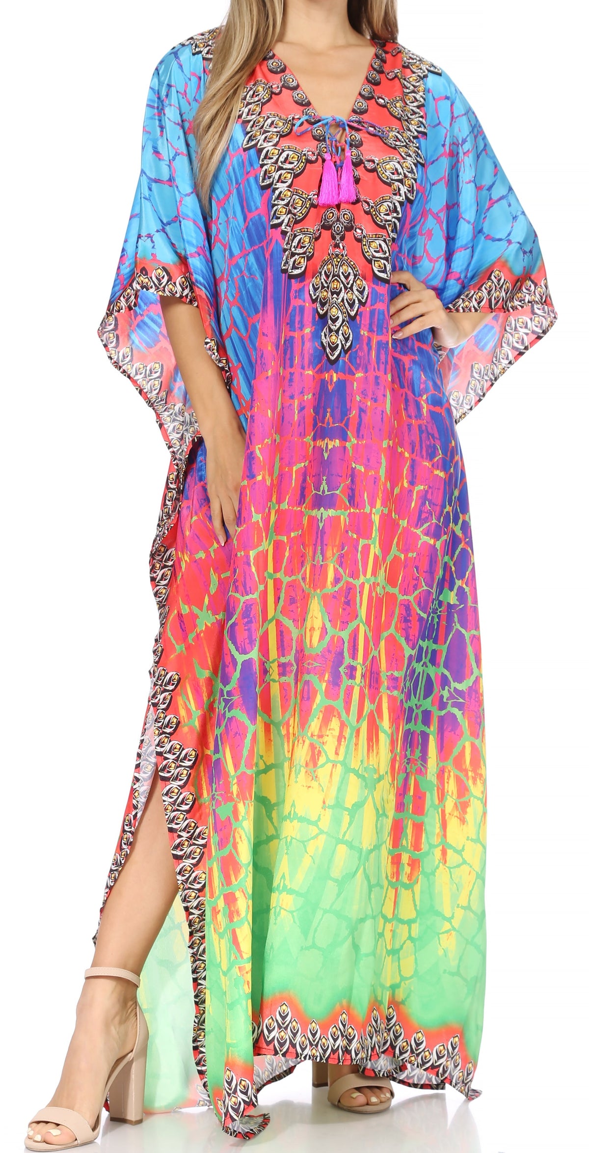 Sakkas Georgettina Flowy Rhinestone V Neck Long Caftan Dress/Cover Up