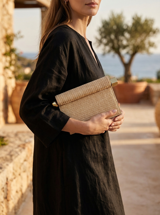 Elegant Woven Straw Foldover Clutch Natural Evening Handbag for Special Occassion
