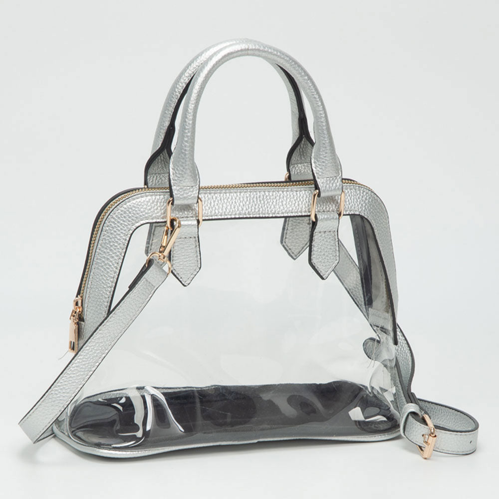 Faux Leather Trim Transparent Structured Top Handle Handbag / Crossbody Bag