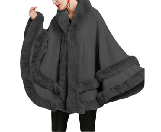 Elegant Faux Fur Trim Knit Poncho Ruana