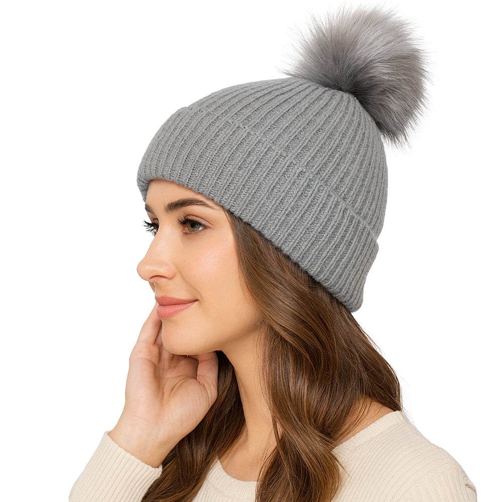 Genuine Fox Fur Pom Pom Ribbed Knit Winter Beanie Hat
