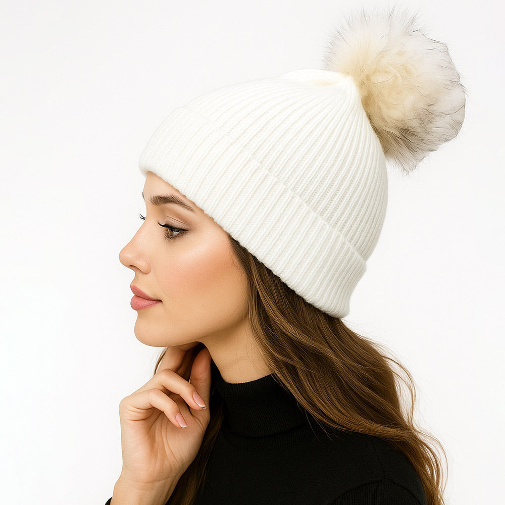 Genuine Fox Fur Pom Pom Ribbed Knit Winter Beanie Hat