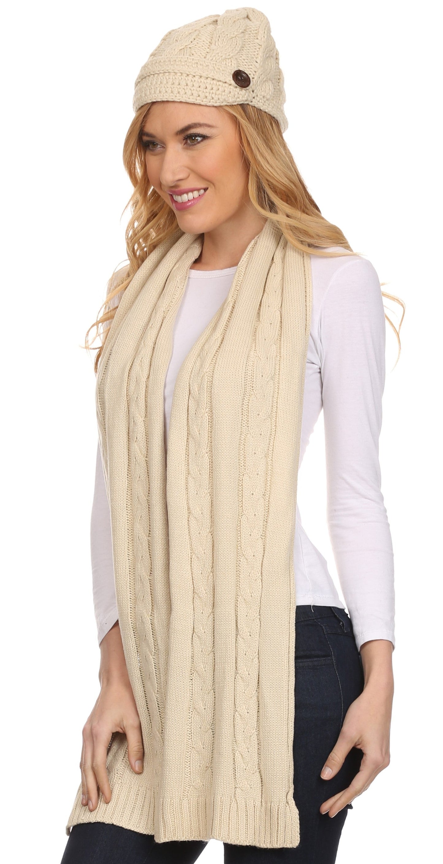 Sakkas Womens 2-piece Knitted Scarf and Beanie Hat Set with Button