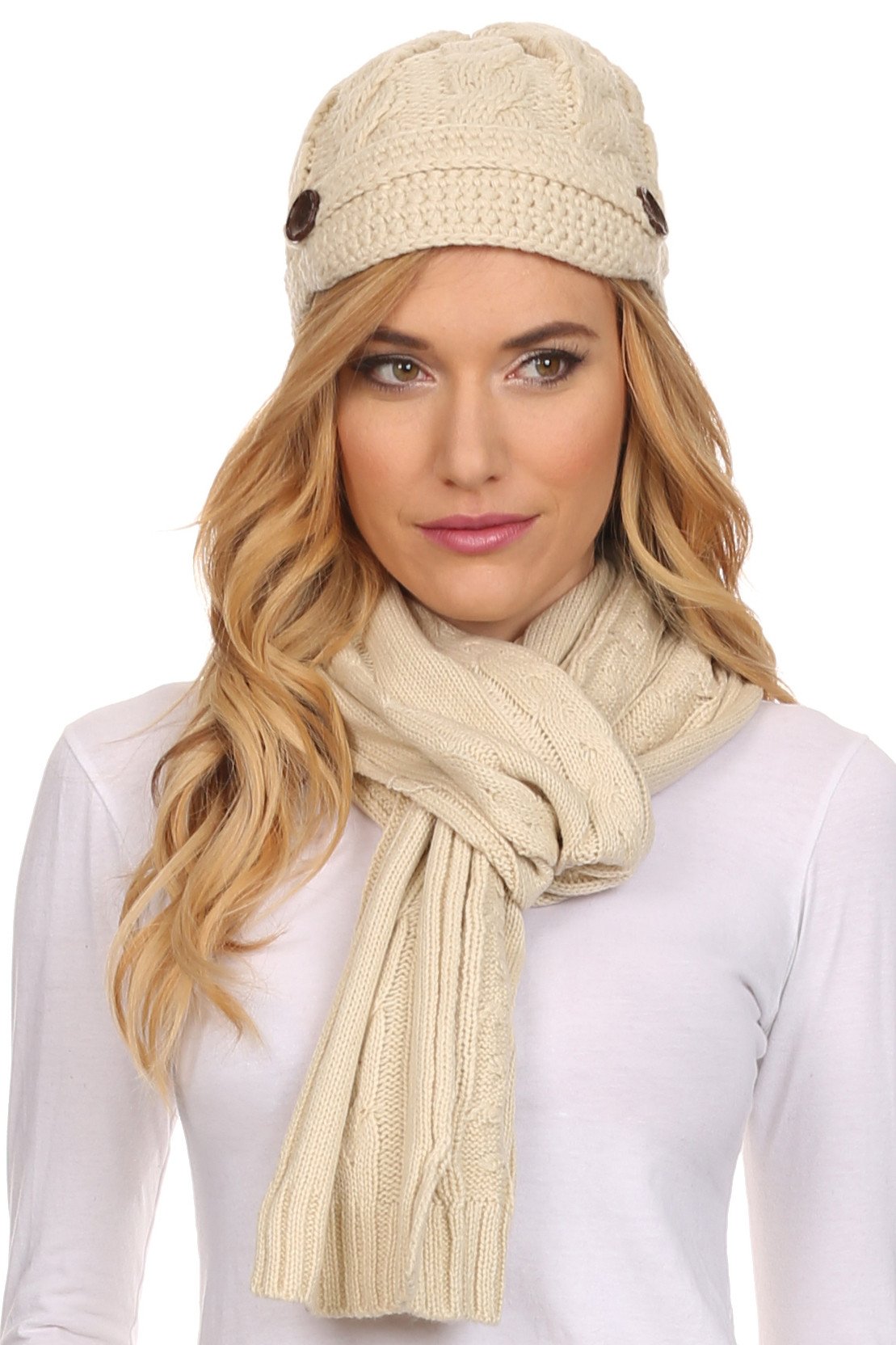 Sakkas Womens 2-piece Knitted Scarf and Beanie Hat Set with Button