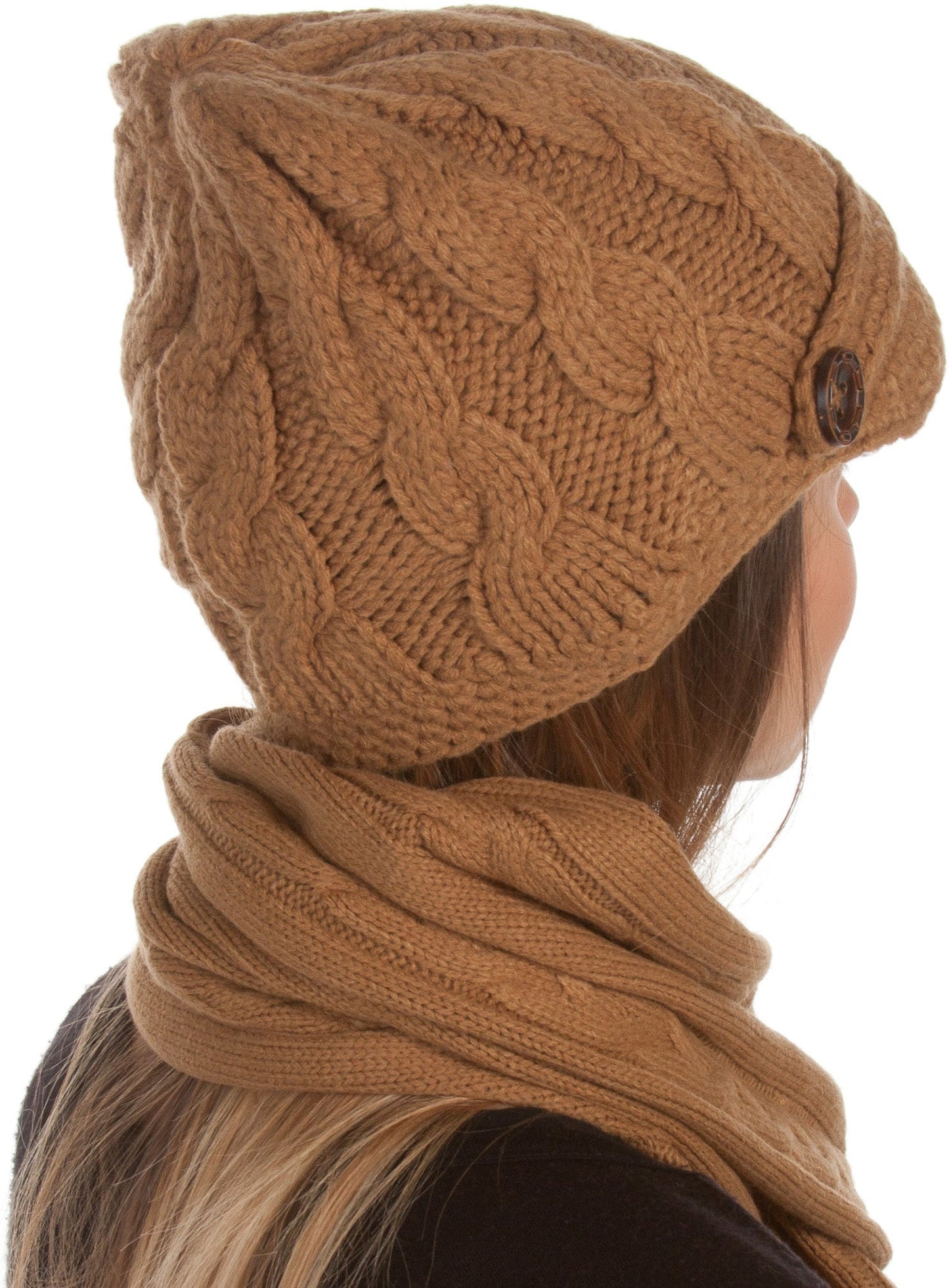 Sakkas Womens 2-piece Knitted Scarf and Beanie Hat Set with Button