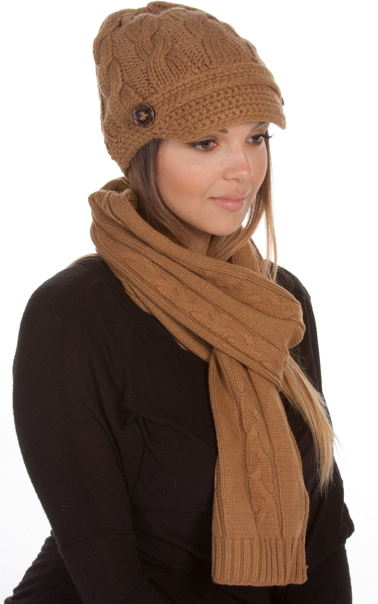 Sakkas Womens 2-piece Knitted Scarf and Beanie Hat Set with Button