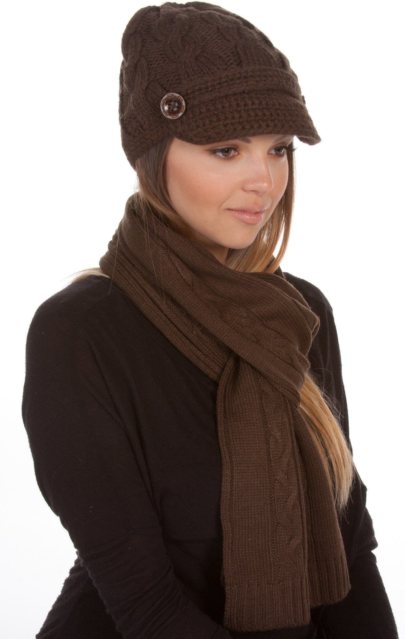 Sakkas Womens 2-piece Knitted Scarf and Beanie Hat Set with Button