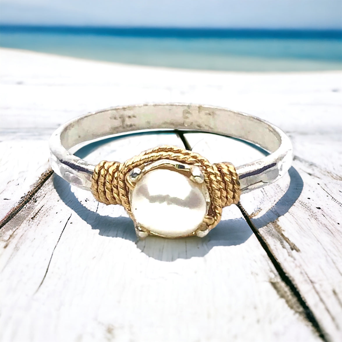 Hand Hammered Pearl Ring