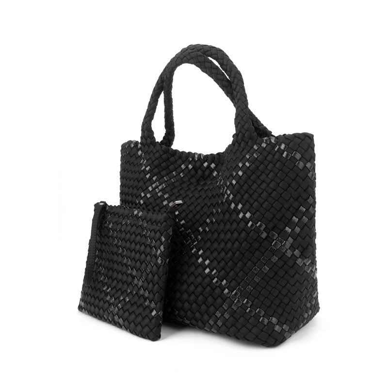 The Charli | Large Woven Neoprene Tote with Wristlet | Onyx with Glittered Stripe
