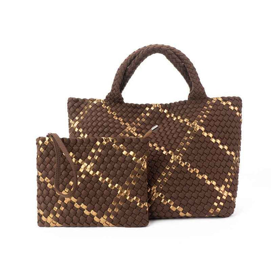 The Charli | Large Woven Neoprene Tote with Wristlet | Cocoa with Gold Stripe