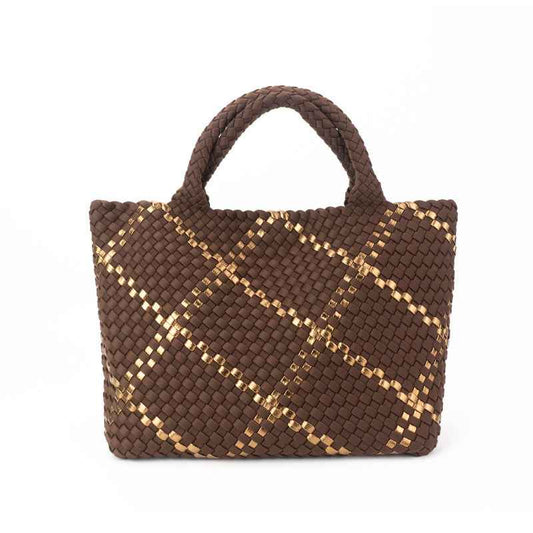 The Charli | Large Woven Neoprene Tote with Wristlet | Cocoa with Gold Stripe