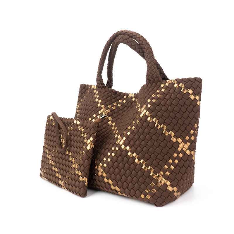 The Charli | Large Woven Neoprene Tote with Wristlet | Cocoa with Gold Stripe