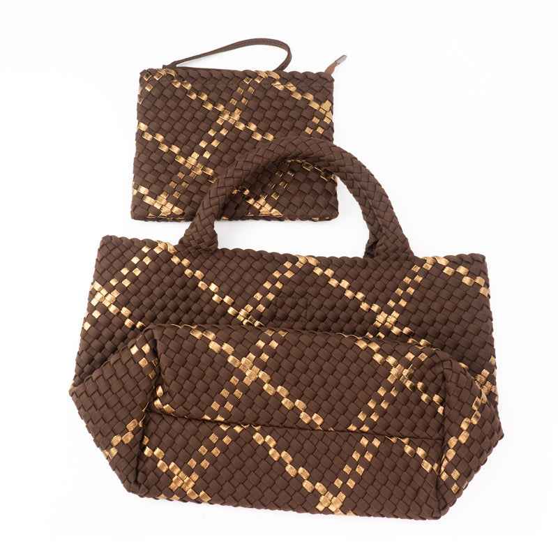 The Charli | Large Woven Neoprene Tote with Wristlet | Cocoa with Gold Stripe