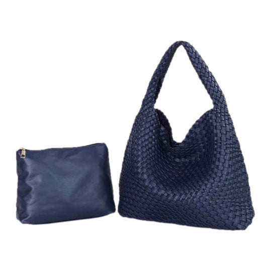 The Willow | Large Woven Vegan Leather Tote - Navy