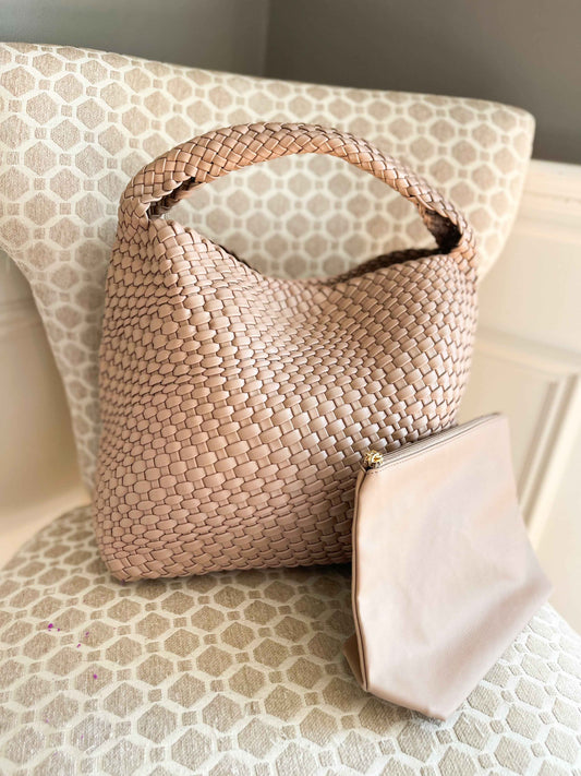 The Willow | Large Woven Vegan Leather Tote - Khaki