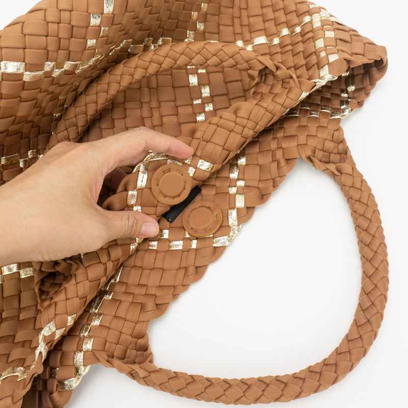 The Charli | Large Woven Neoprene Tote with Wristlet | Almond with Gold Stripe