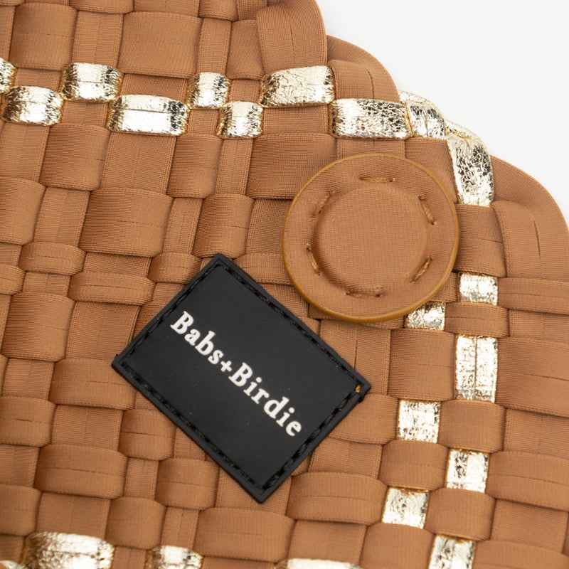 The Charli | Large Woven Neoprene Tote with Wristlet | Almond with Gold Stripe
