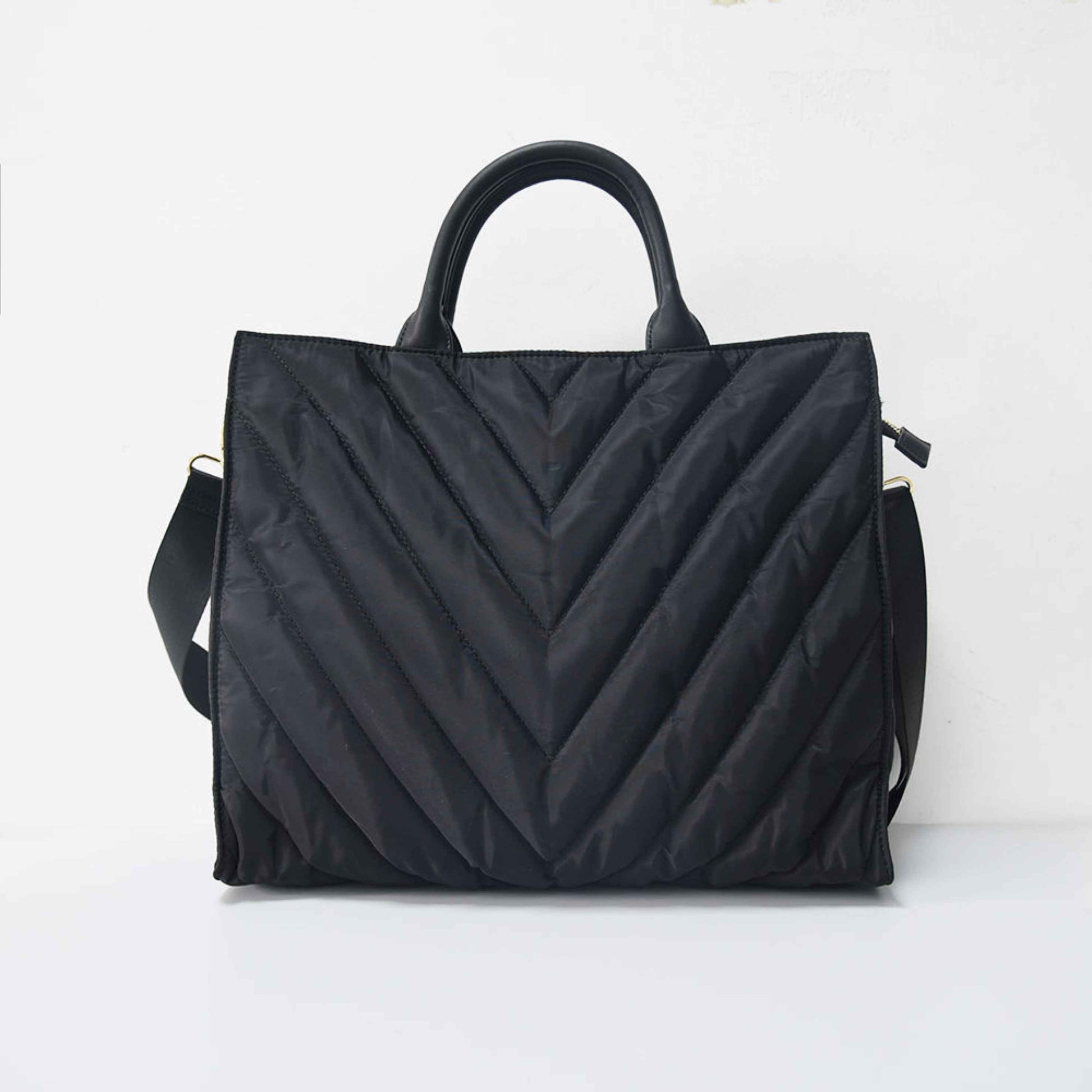 The Carmen | Chevron Stripe Large Puffer Tote Black