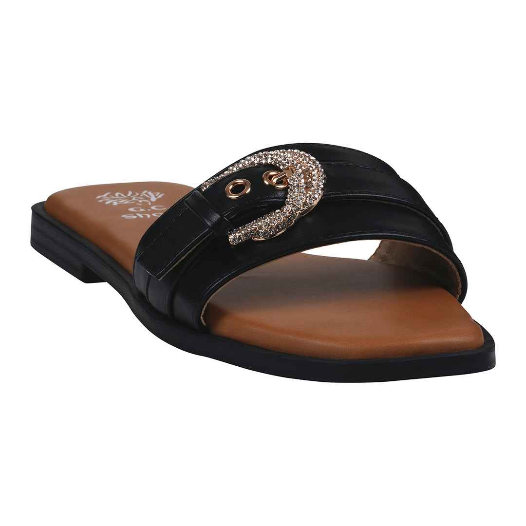 Women's Kenna Black Embellished Buckle Flat Sandals Black