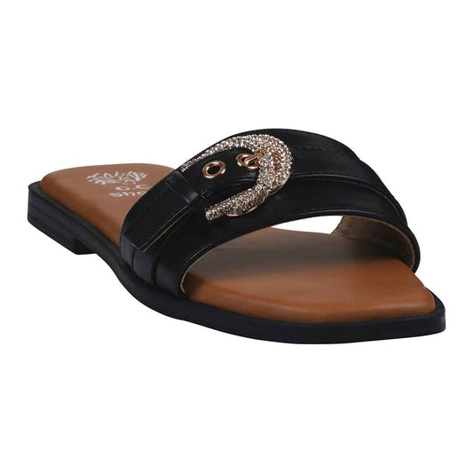 Women's Kenna Black Embellished Buckle Flat Sandals Black