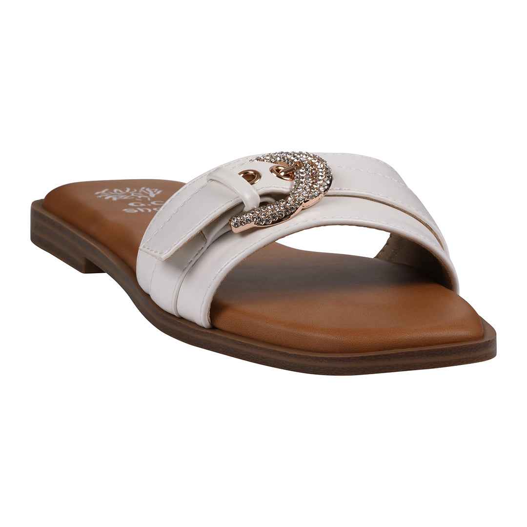 Women's Kenna White Embellished Buckle Flat Sandals White