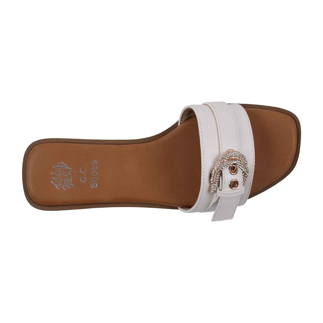 Women's Kenna White Embellished Buckle Flat Sandals