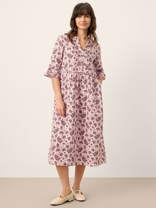 Linen Paisley Pintucked Ruffle-Cuff Maxi Dress MAELYN