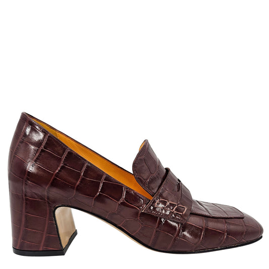 Chocolate Leather Heel Moc Croc Leather Loafer