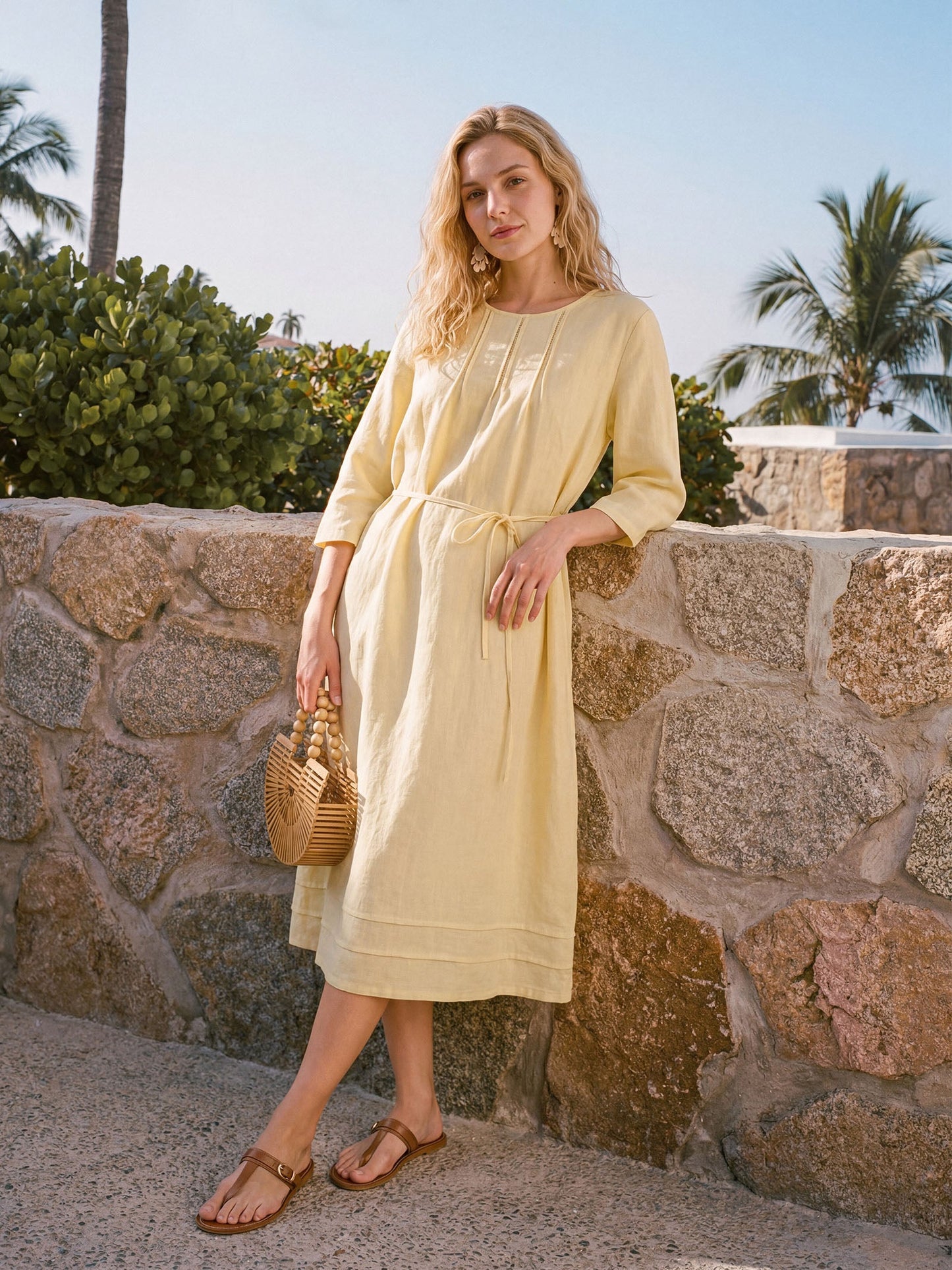 100% Linen Pintucked Embroidered Adjustable Belt Tiered Maxi Dres VERENA