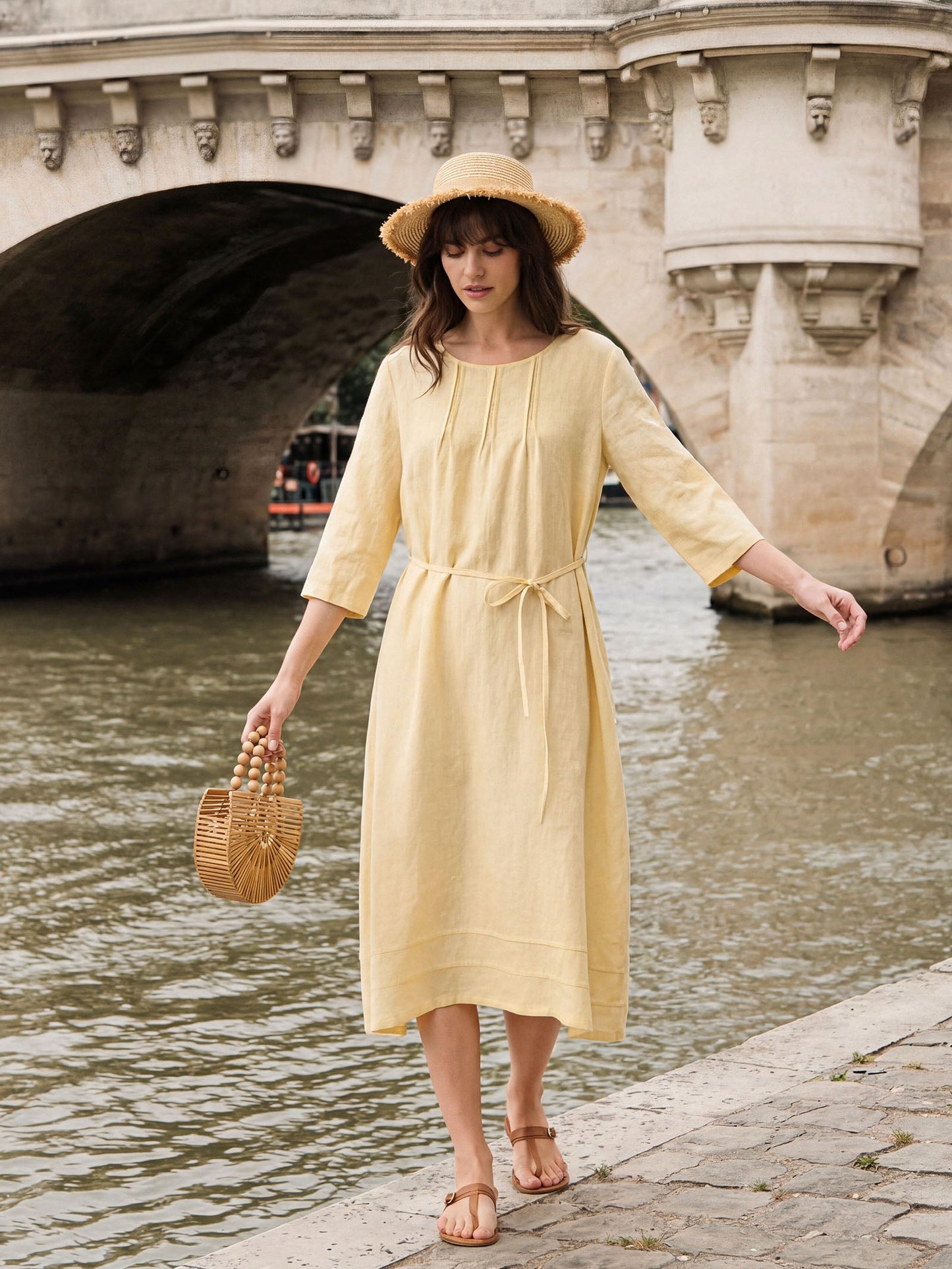 100% Linen Pintucked Embroidered Adjustable Belt Tiered Maxi Dres VERENA