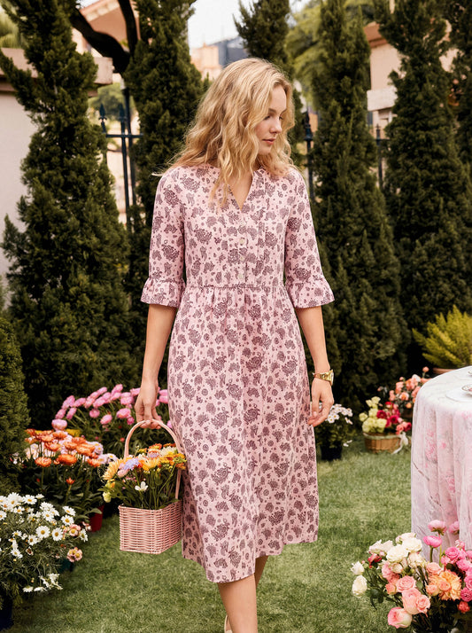 Linen Paisley Pintucked Ruffle-Cuff Maxi Dress MAELYN