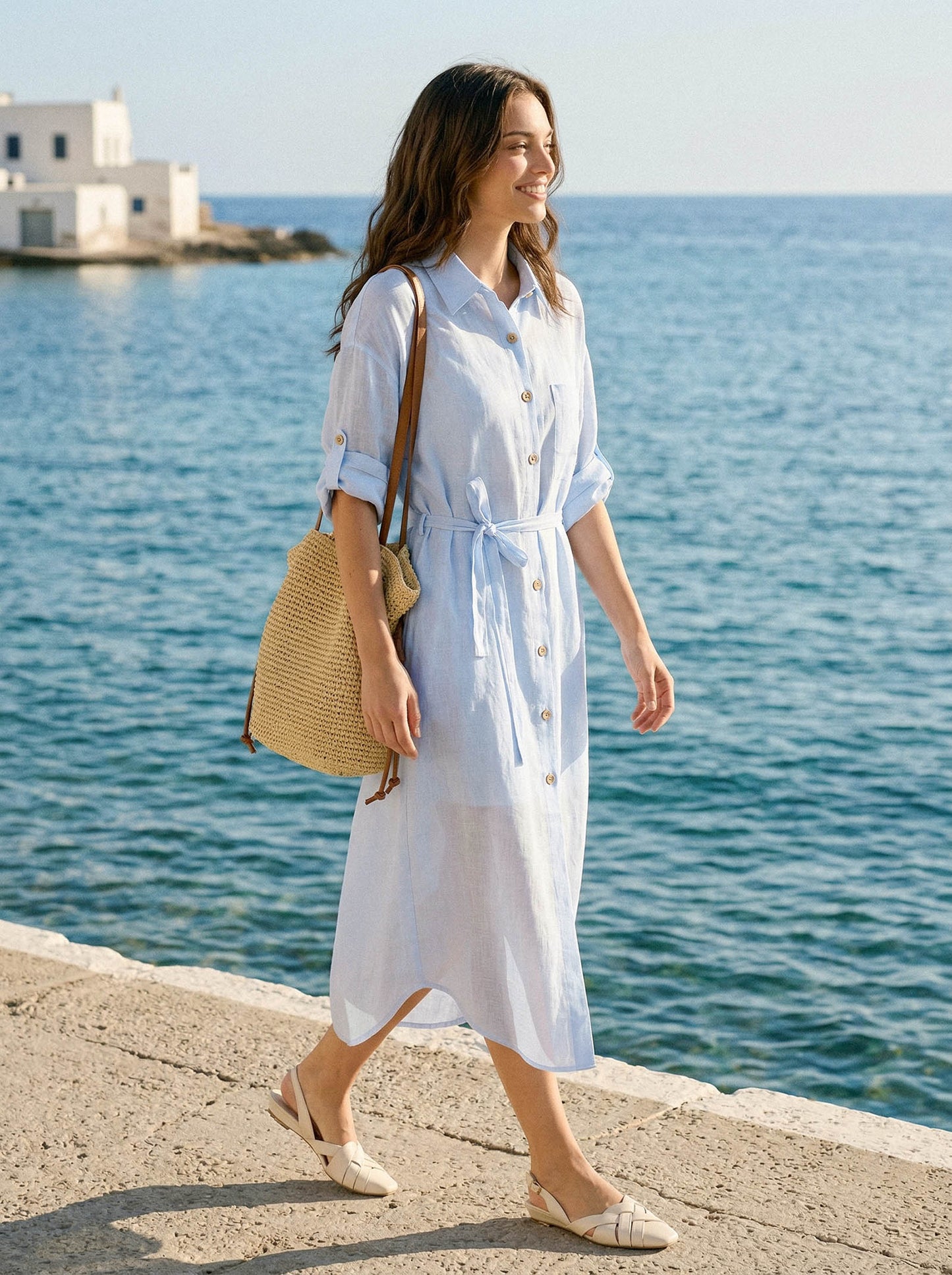 100% Linen Shirt-Collar Folded-Cuff Cocoon Maxi Shirt Dress MIREN