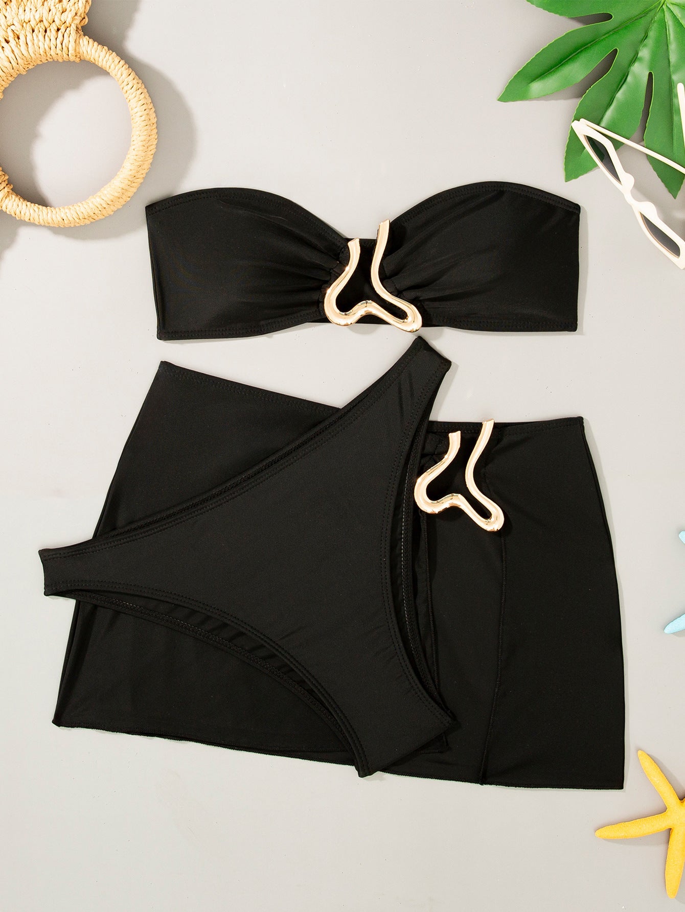 Swimsuit solid color three-piece swimsuit gold musical symbol accessories bikini bikini