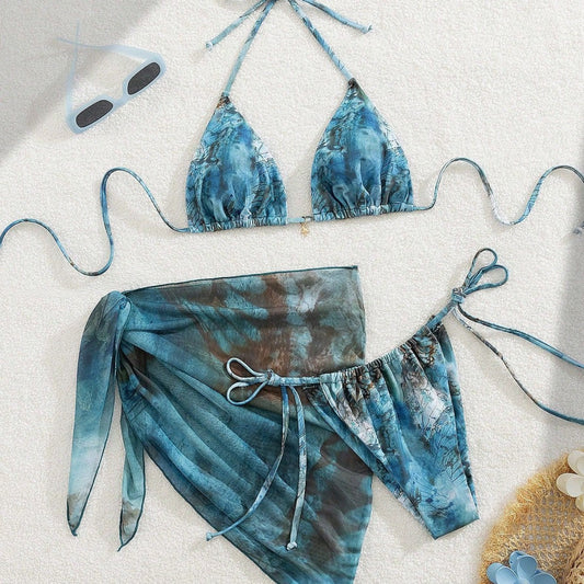 Apron Three Piece Bikini Vintage Print Tie Swimsuit Women's Swimwear