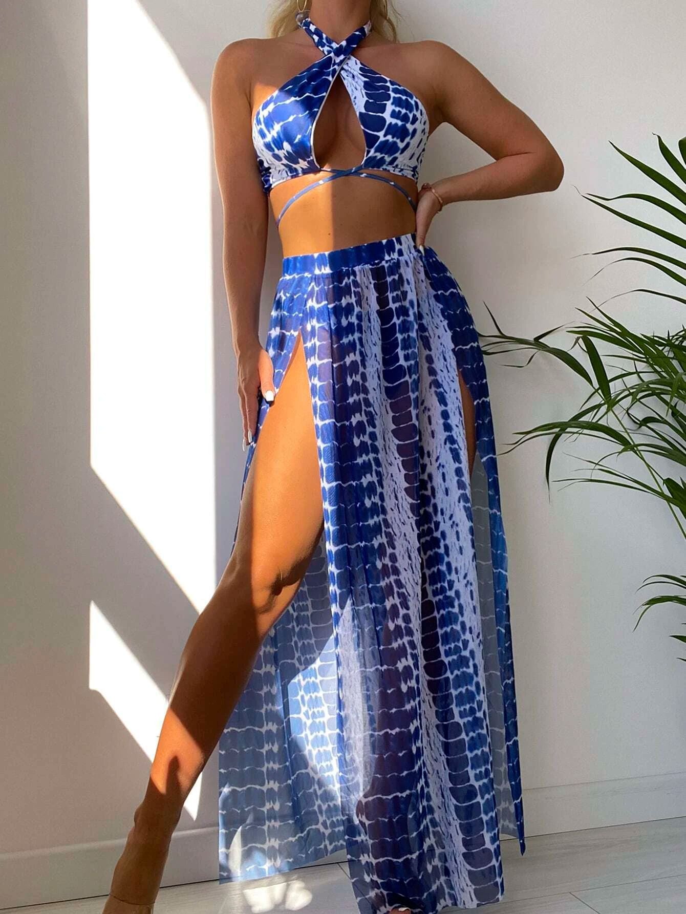 Sexy Printed Two Piece Swimsuit for Women with Split Bikini Three Piece Set