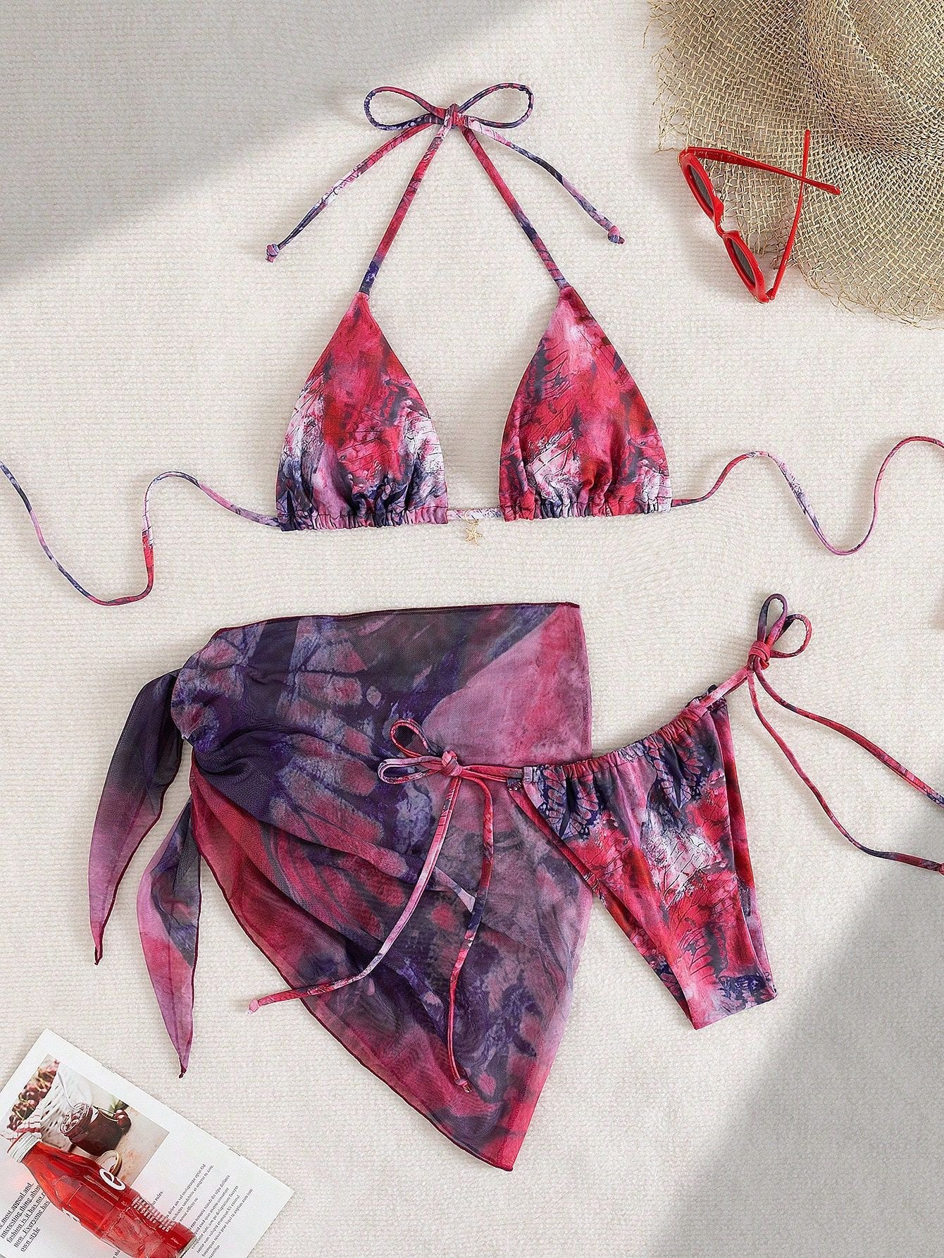 Apron Three Piece Bikini Vintage Print Tie Swimsuit Women's Swimwear