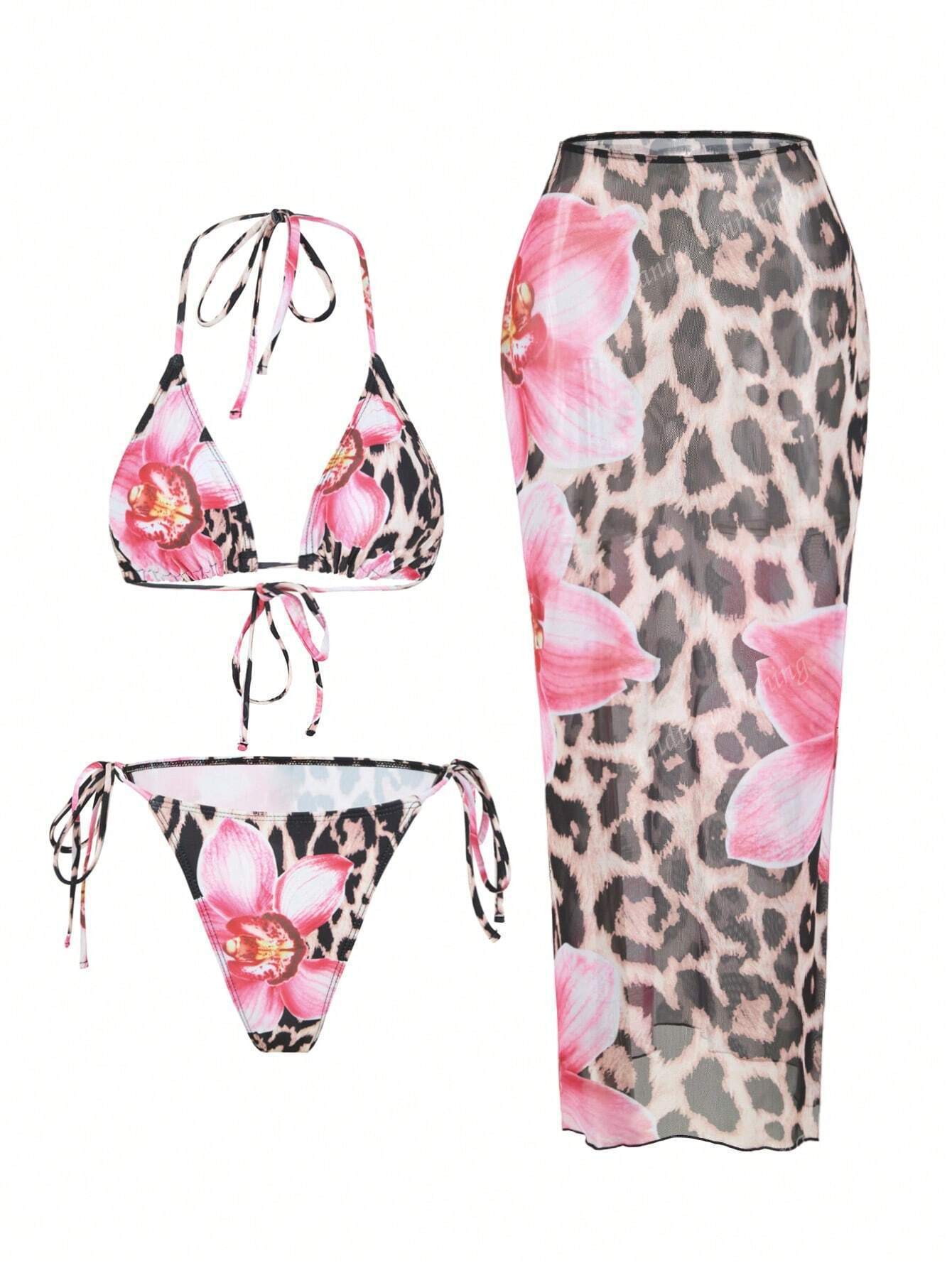 Apron Three Piece Bikini Vintage Print Long Skirt Swimsuit Women's Swimwear