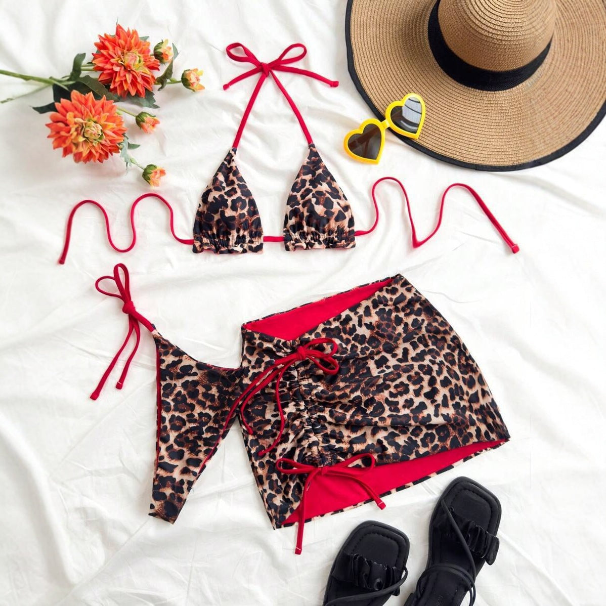 Color Block Bikini Three Piece Swimsuit Sexy Backless Skirted Bikini Swimwear for Women